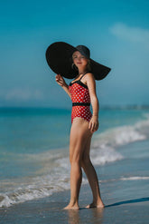 Minnie Mouse Inspired Women's One Piece Swimsuit, Retro Polka Dot, Red Vintage Swimwear