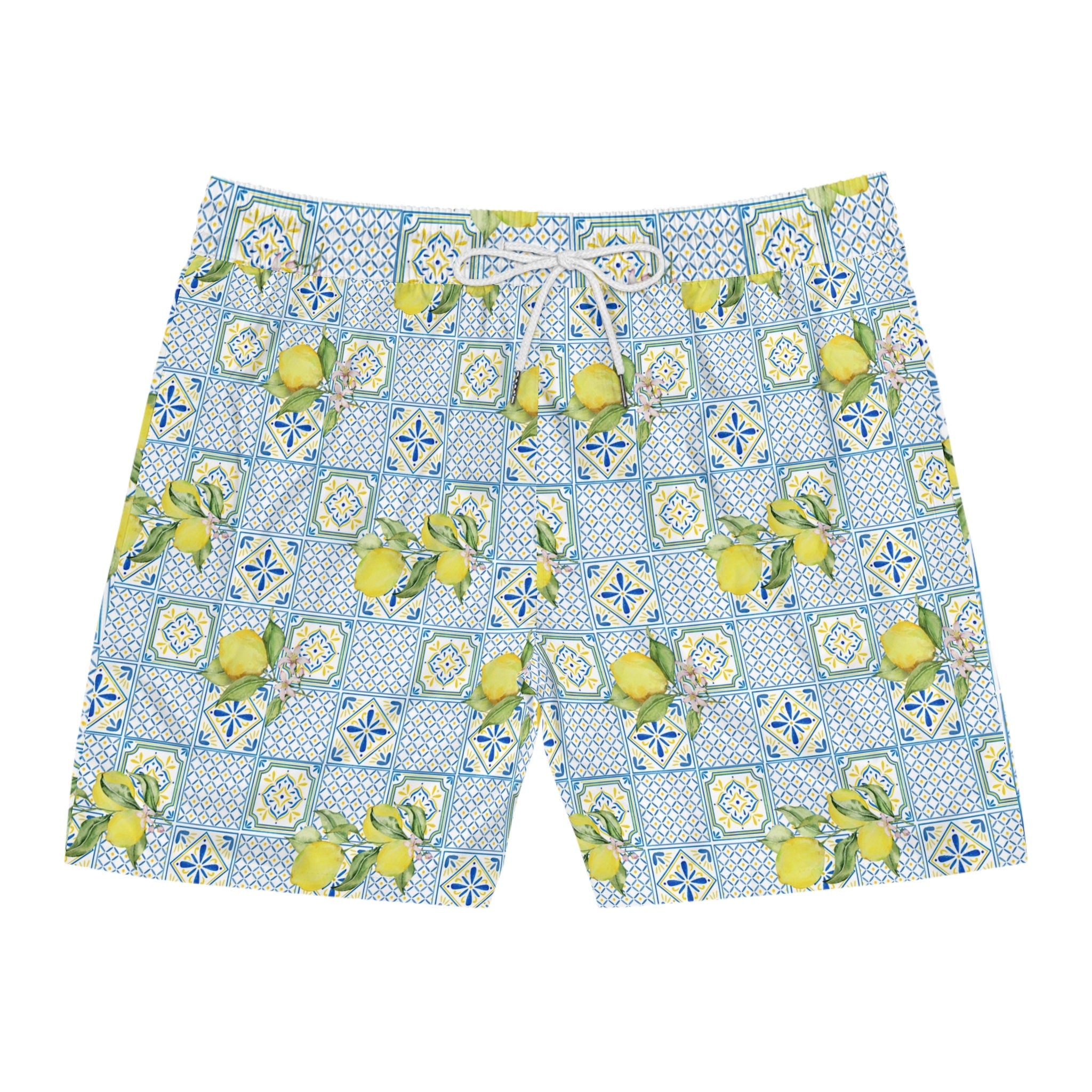 Men's Italian Lemon Mosaic Swim Shorts: Mid-Length Beachwear