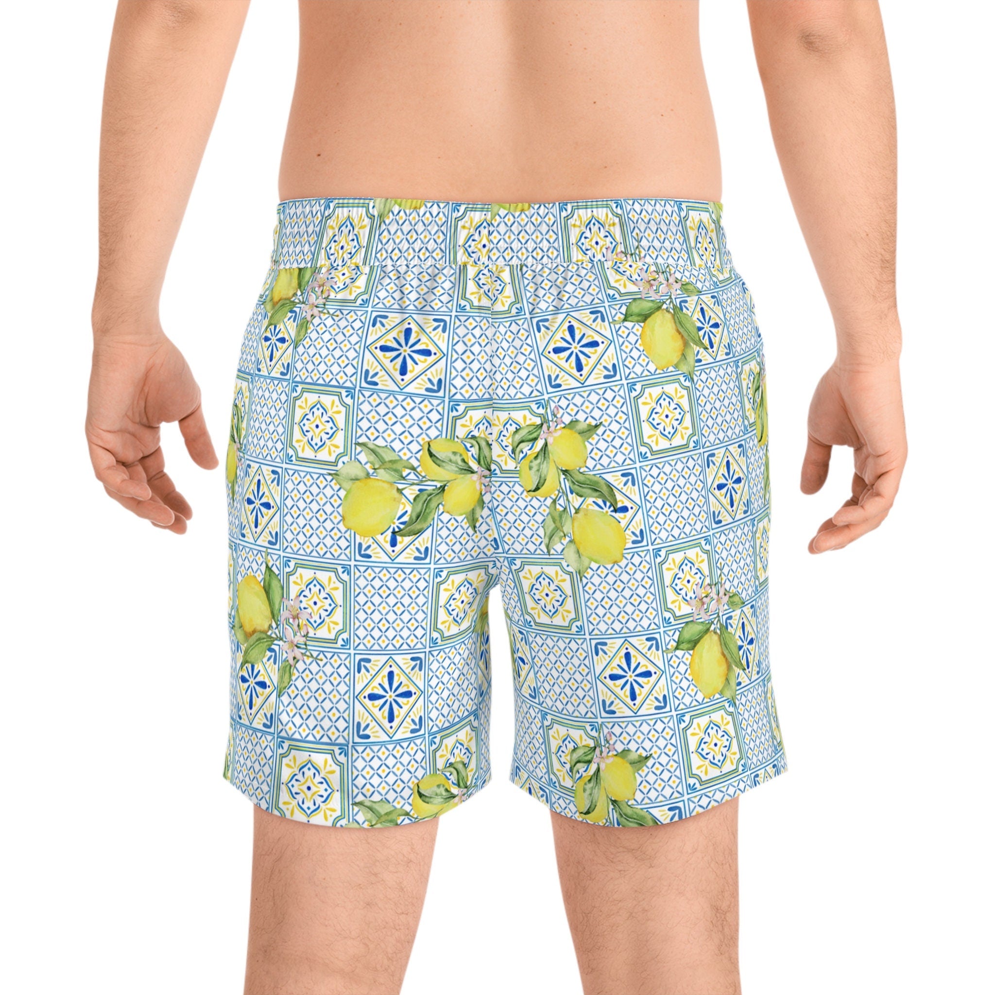 Men's Italian Lemon Mosaic Swim Shorts: Mid-Length Beachwear