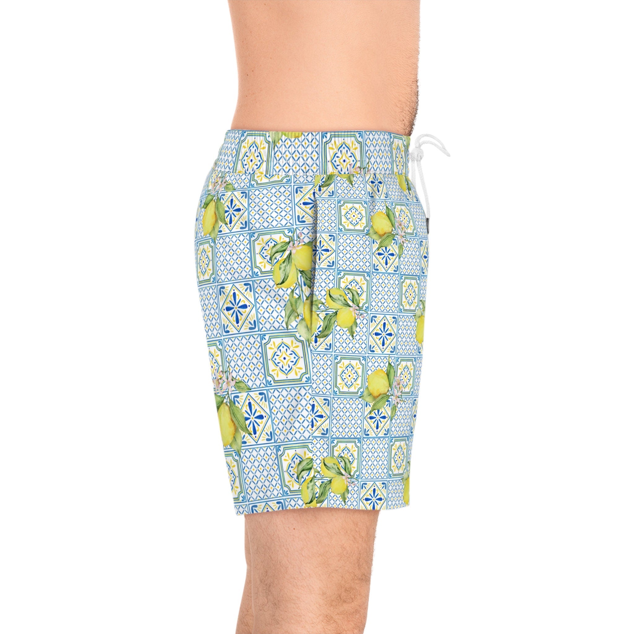 Men's Italian Lemon Mosaic Swim Shorts: Mid-Length Beachwear