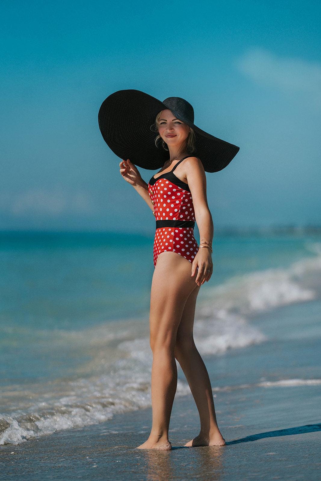 Minnie Mouse Inspired Women's One Piece Swimsuit, Retro Polka Dot, Red Vintage Swimwear