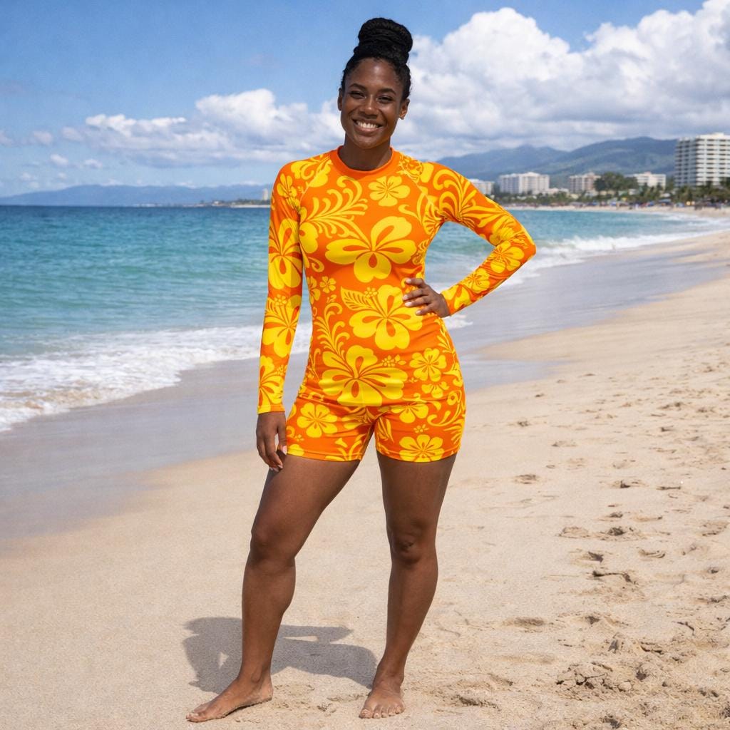 50+ UPF Sun Protection Hibiscus Flower Orange Long Sleeve Rash Guard High Waist Shorts Plus Size Swimwear Set