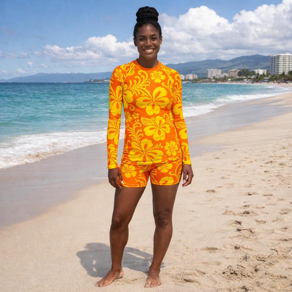 50+ UPF Sun Protection Hibiscus Flower Orange Long Sleeve Rash Guard High Waist Shorts Plus Size Swimwear Set