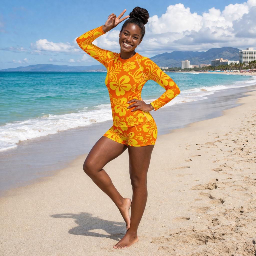 50+ UPF Sun Protection Hibiscus Flower Orange Long Sleeve Rash Guard High Waist Shorts Plus Size Swimwear Set