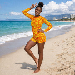 50+ UPF Sun Protection Hibiscus Flower Orange Long Sleeve Rash Guard High Waist Shorts Plus Size Swimwear Set