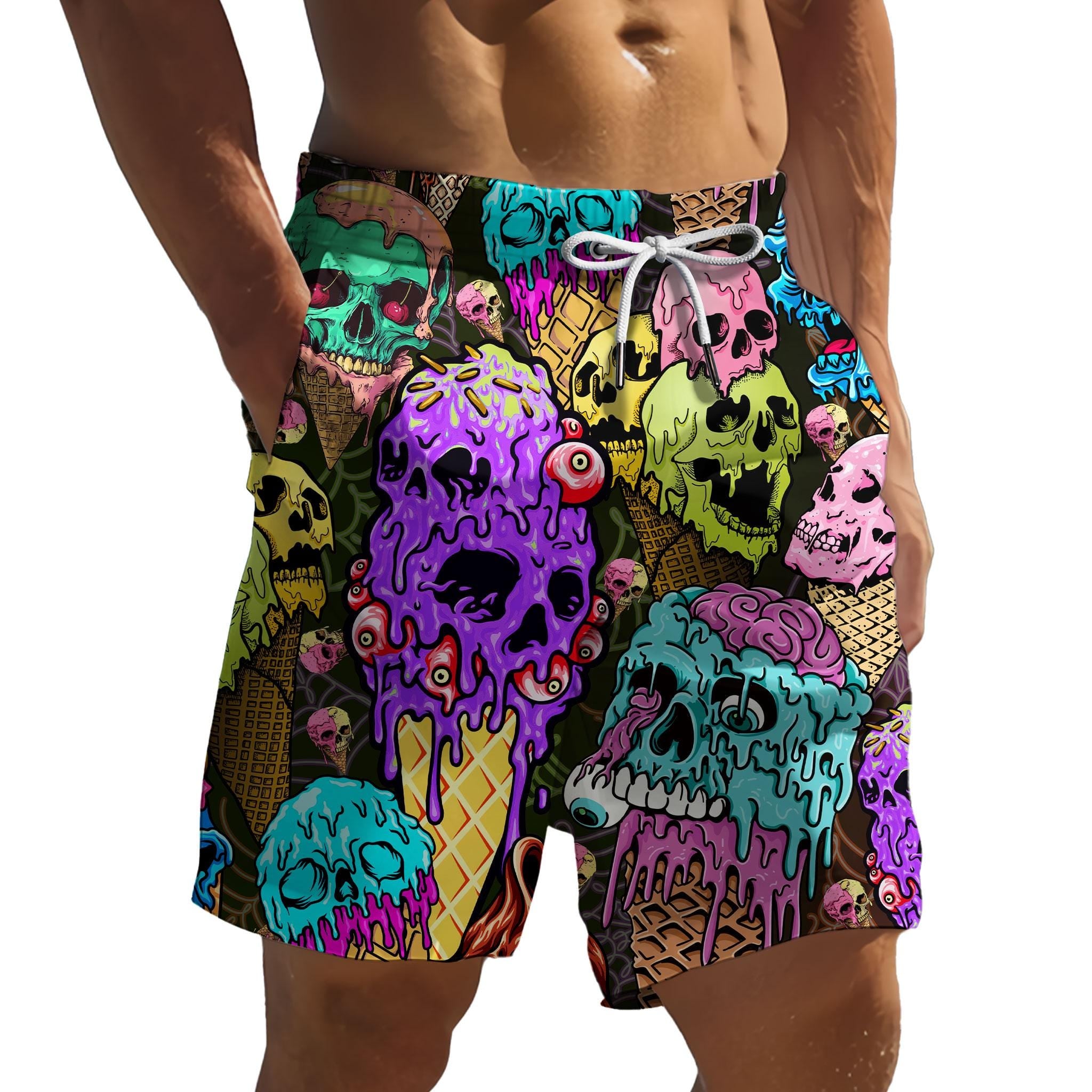 Skull Ice Cream Swim Trunks, Funny Horror Beachwear, Neon Gothic Swimwear, Summer Vacation Outfit