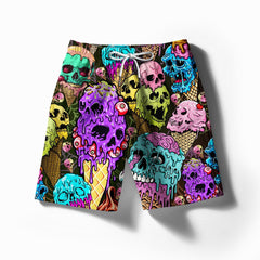 Skull Ice Cream Swim Trunks, Funny Horror Beachwear, Neon Gothic Swimwear, Summer Vacation Outfit