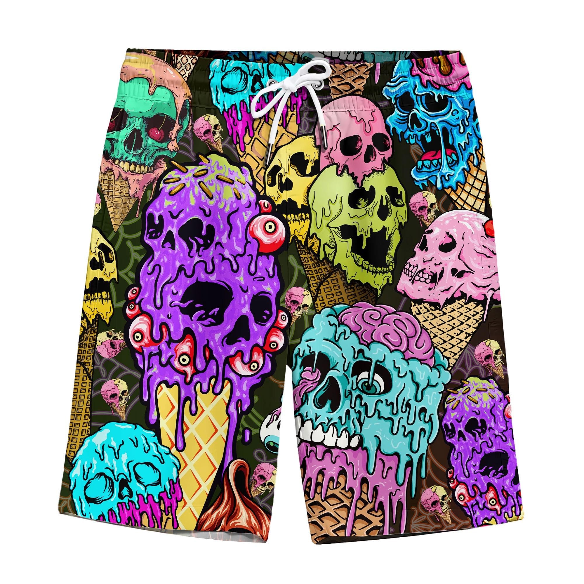 Skull Ice Cream Swim Trunks, Funny Horror Beachwear, Neon Gothic Swimwear, Summer Vacation Outfit