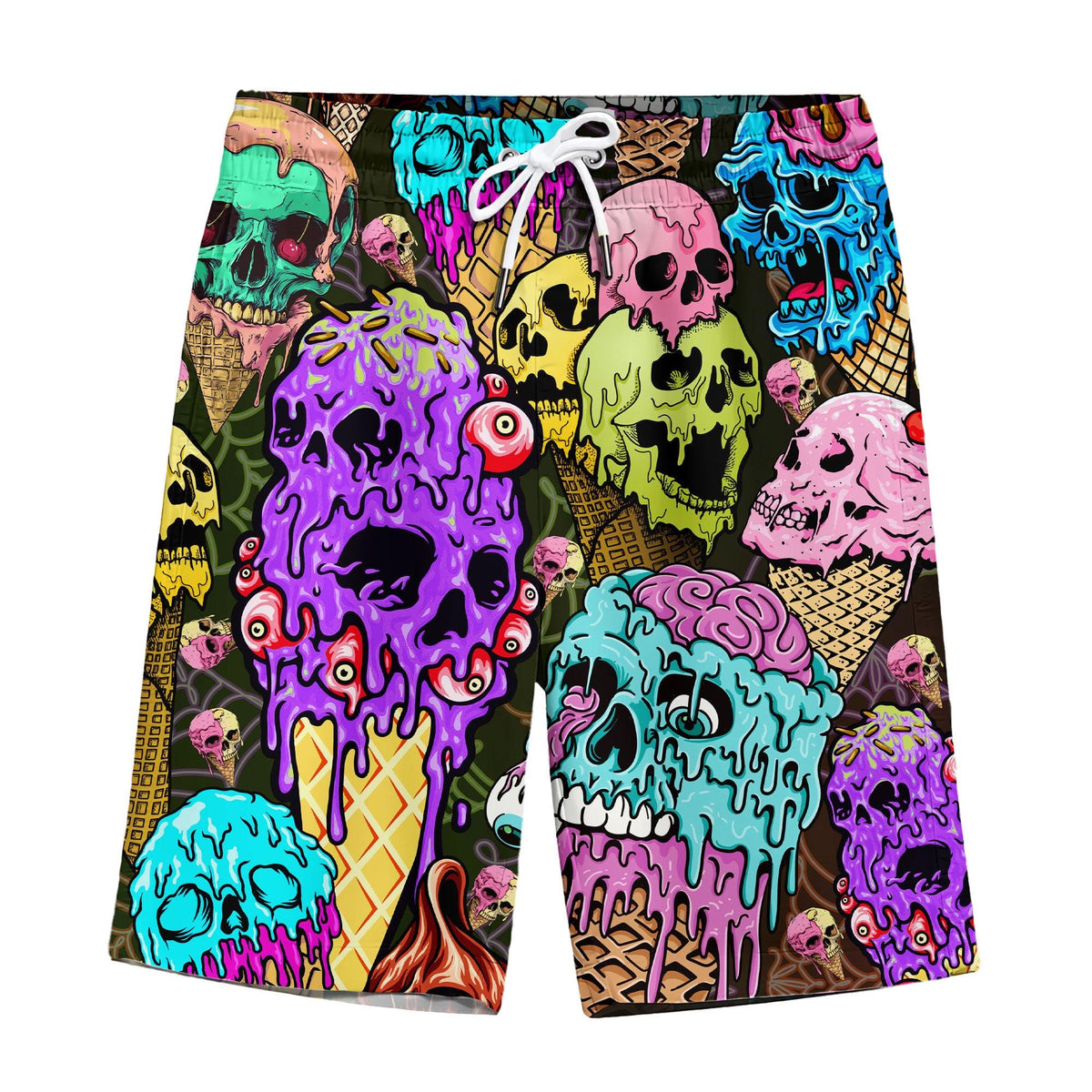 Skull Ice Cream Swim Trunks, Funny Horror Beachwear, Neon Gothic Swimwear, Summer Vacation Outfit
