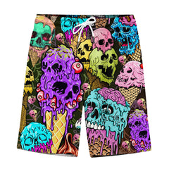 Skull Ice Cream Swim Trunks, Funny Horror Beachwear, Neon Gothic Swimwear, Summer Vacation Outfit