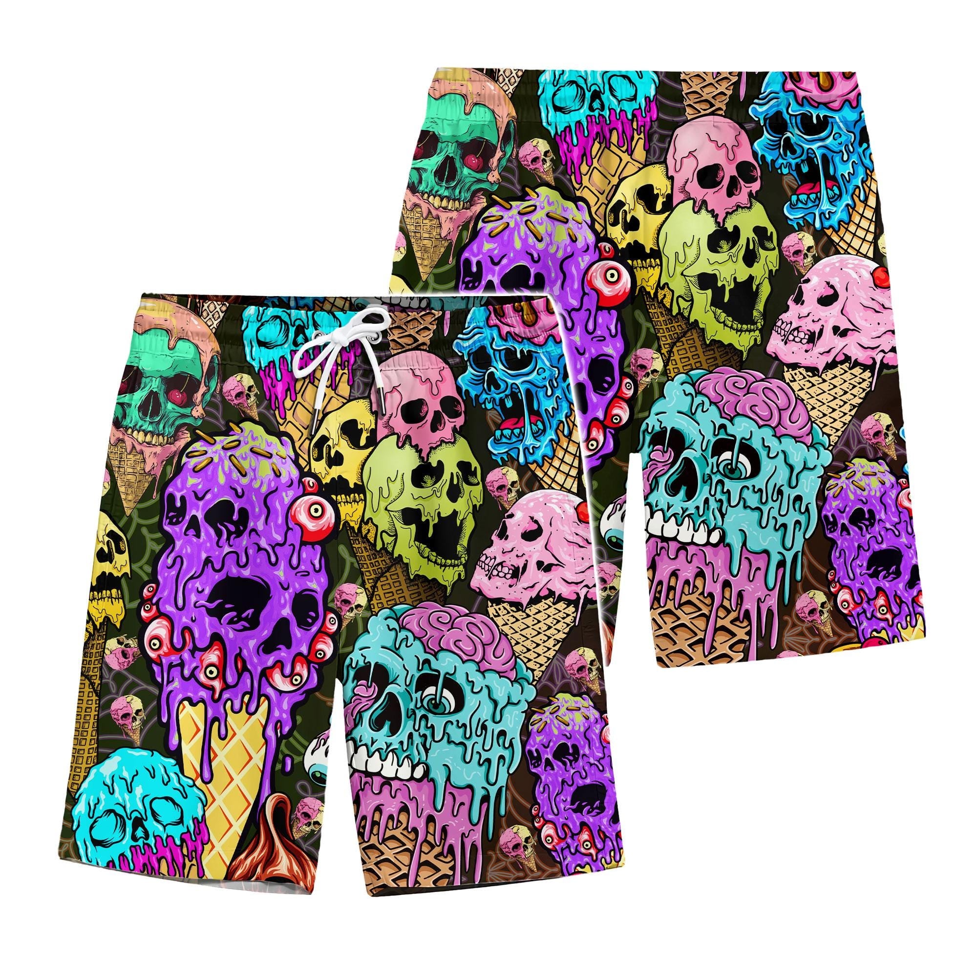 Skull Ice Cream Swim Trunks, Funny Horror Beachwear, Neon Gothic Swimwear, Summer Vacation Outfit