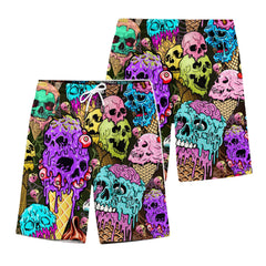 Skull Ice Cream Swim Trunks, Funny Horror Beachwear, Neon Gothic Swimwear, Summer Vacation Outfit