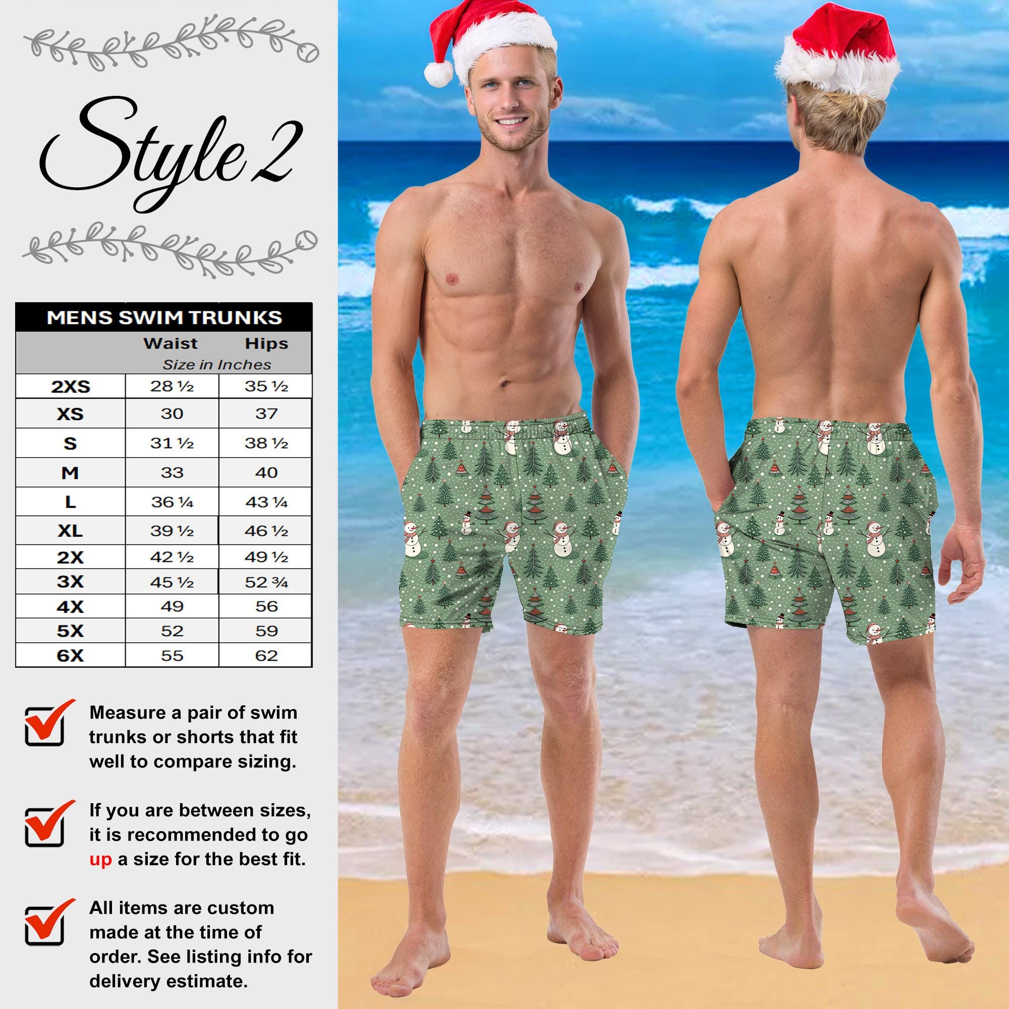 Men's Christmas Swim Trunks - Santa Snowflake Holiday Shorts