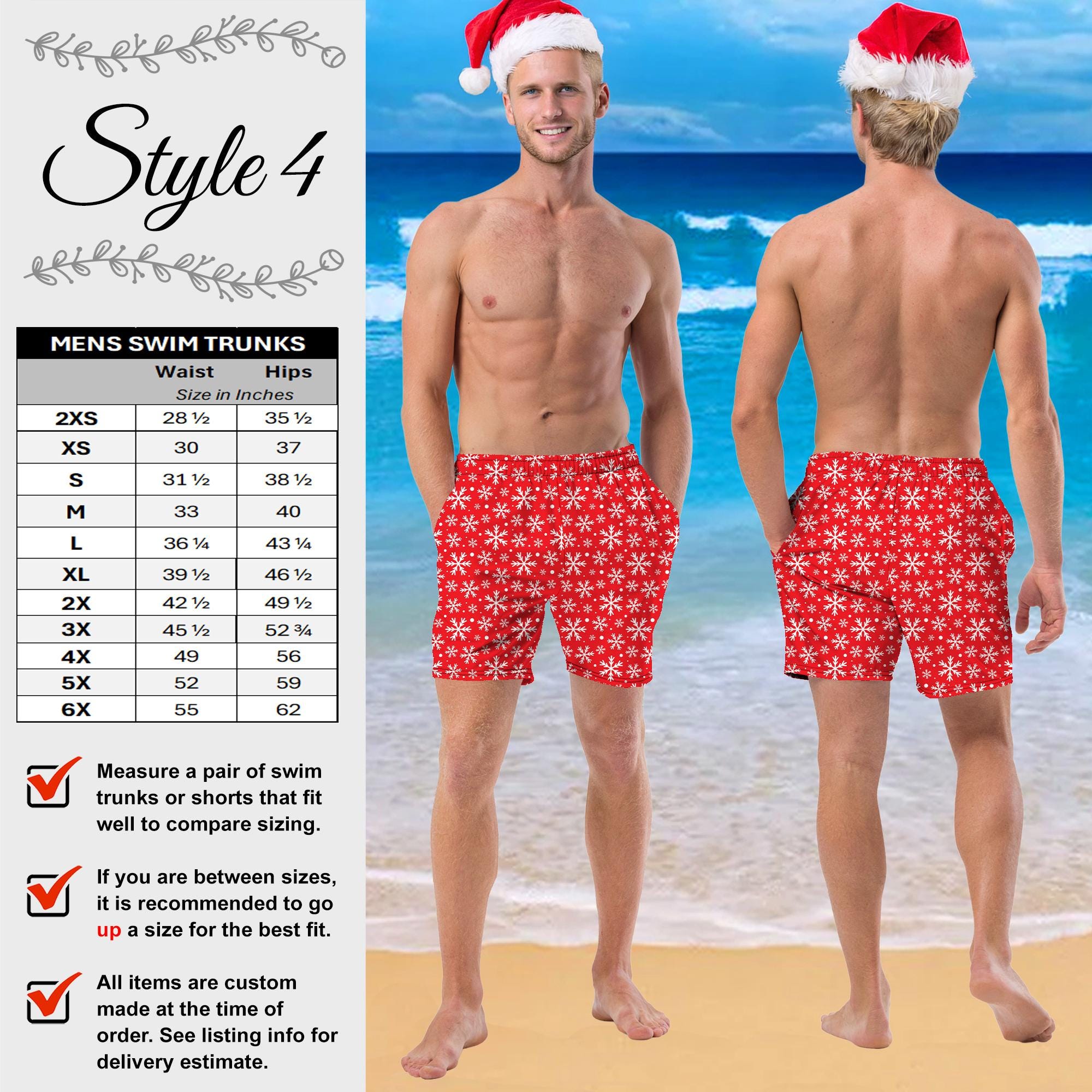 Men's Christmas Swim Trunks - Santa Snowflake Holiday Shorts