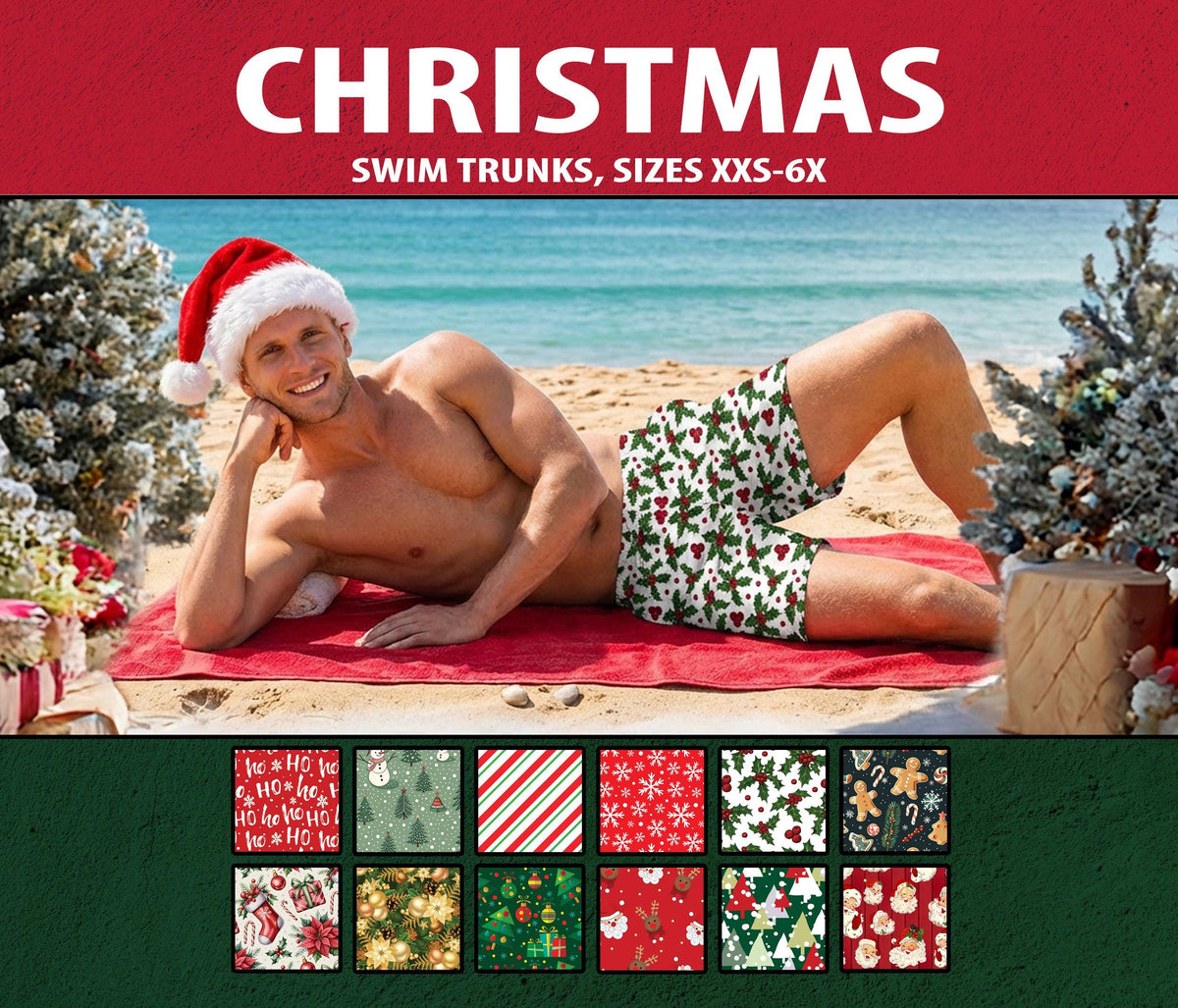 Men's Christmas Swim Trunks - Santa Snowflake Holiday Shorts