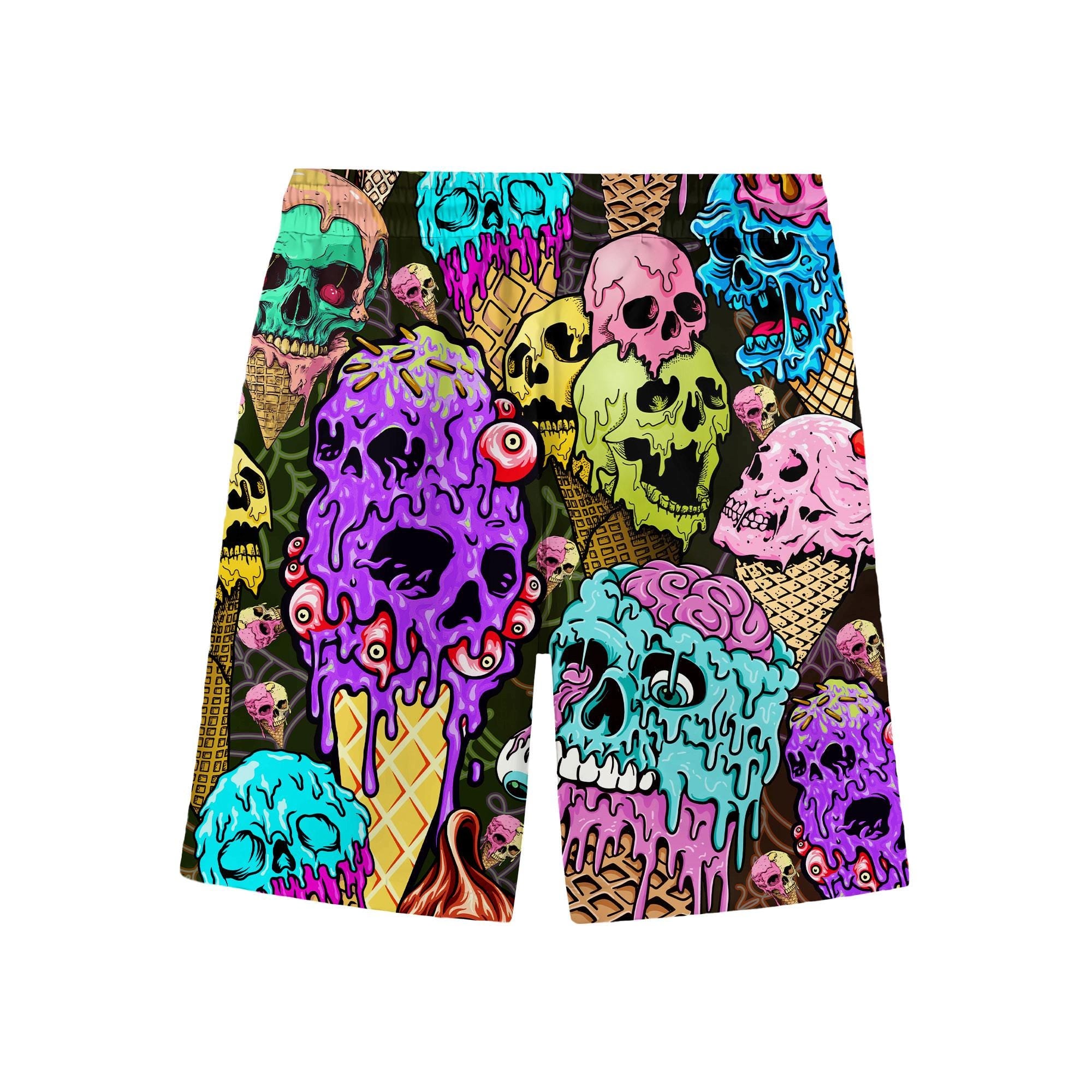 Skull Ice Cream Swim Trunks, Funny Horror Beachwear, Neon Gothic Swimwear, Summer Vacation Outfit