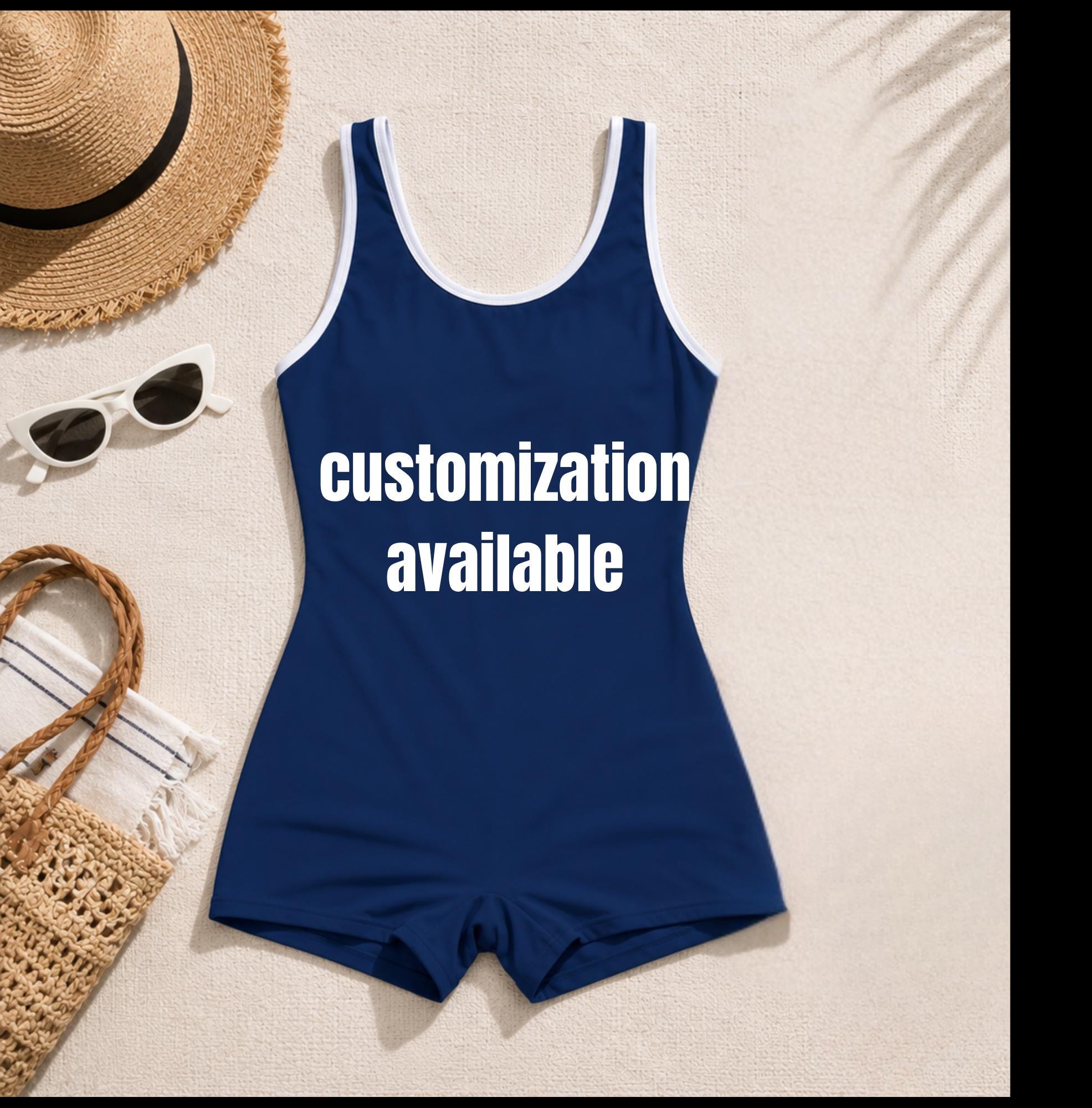 Navy Blue Vintage Boyshort Swimsuit for Women | Retro One Piece Bathing Suit | White Trim Athletic Swimwear | Modest Beachwear