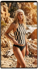 Retro Mid-Century Print Tankini – Vintage-Inspired Two-Piece Drawstring Halterneck Swimsuit - Monochromatic