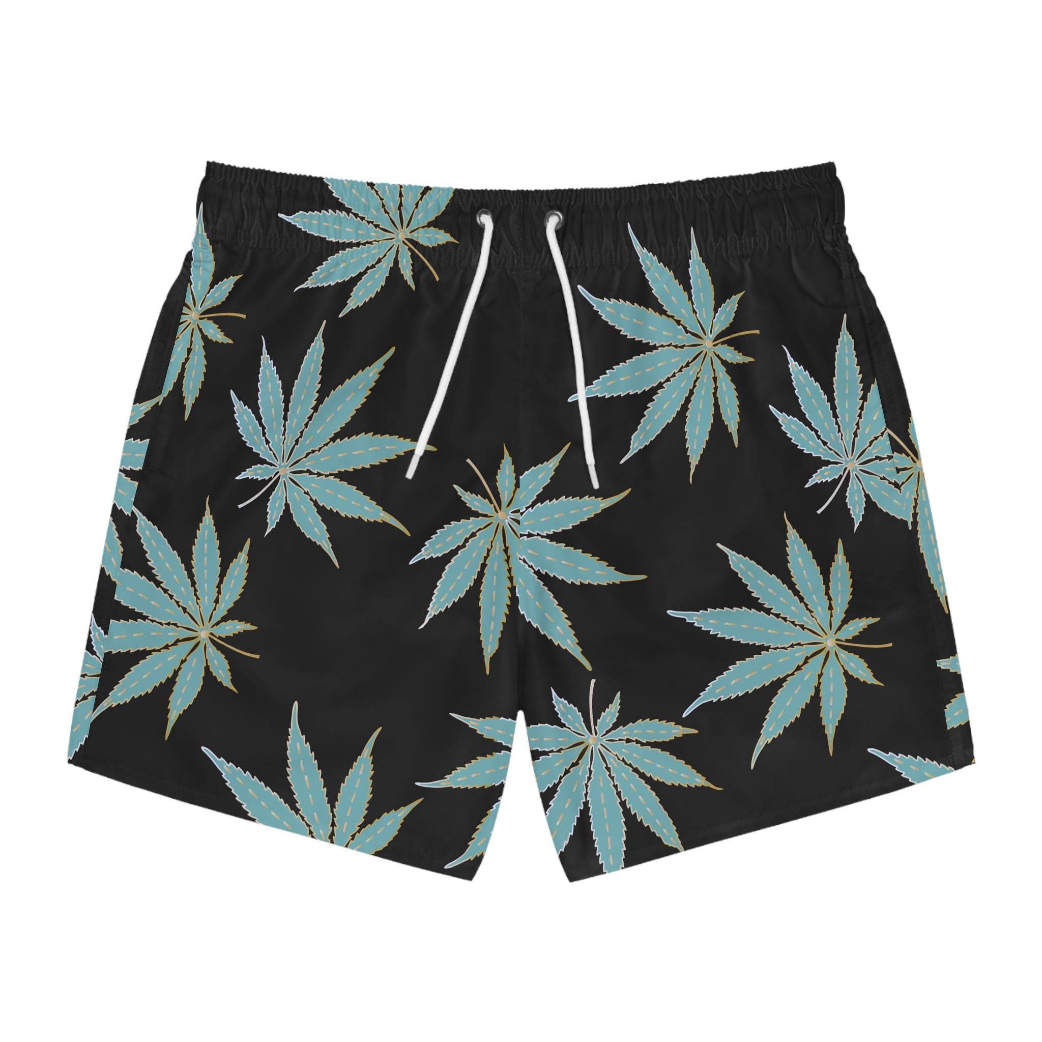Blue Cannabis Leaf Swim Trunks | All-Over Print Beach Shorts