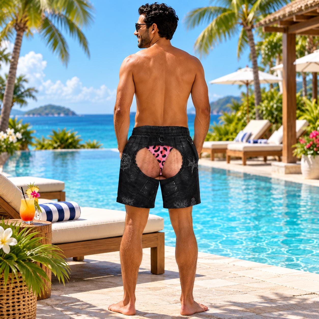 Funny Butt Swim Trunks, Novelty Men's Beach Shorts, Custom Photo Print (Dye-Sublimation)